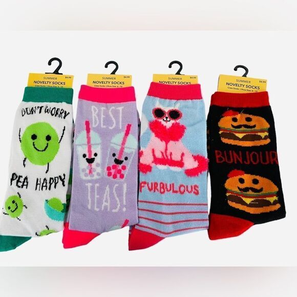 NOVELTY CREW SOCKS, 4 PAIR, size4-10 - Picture 1 of 9